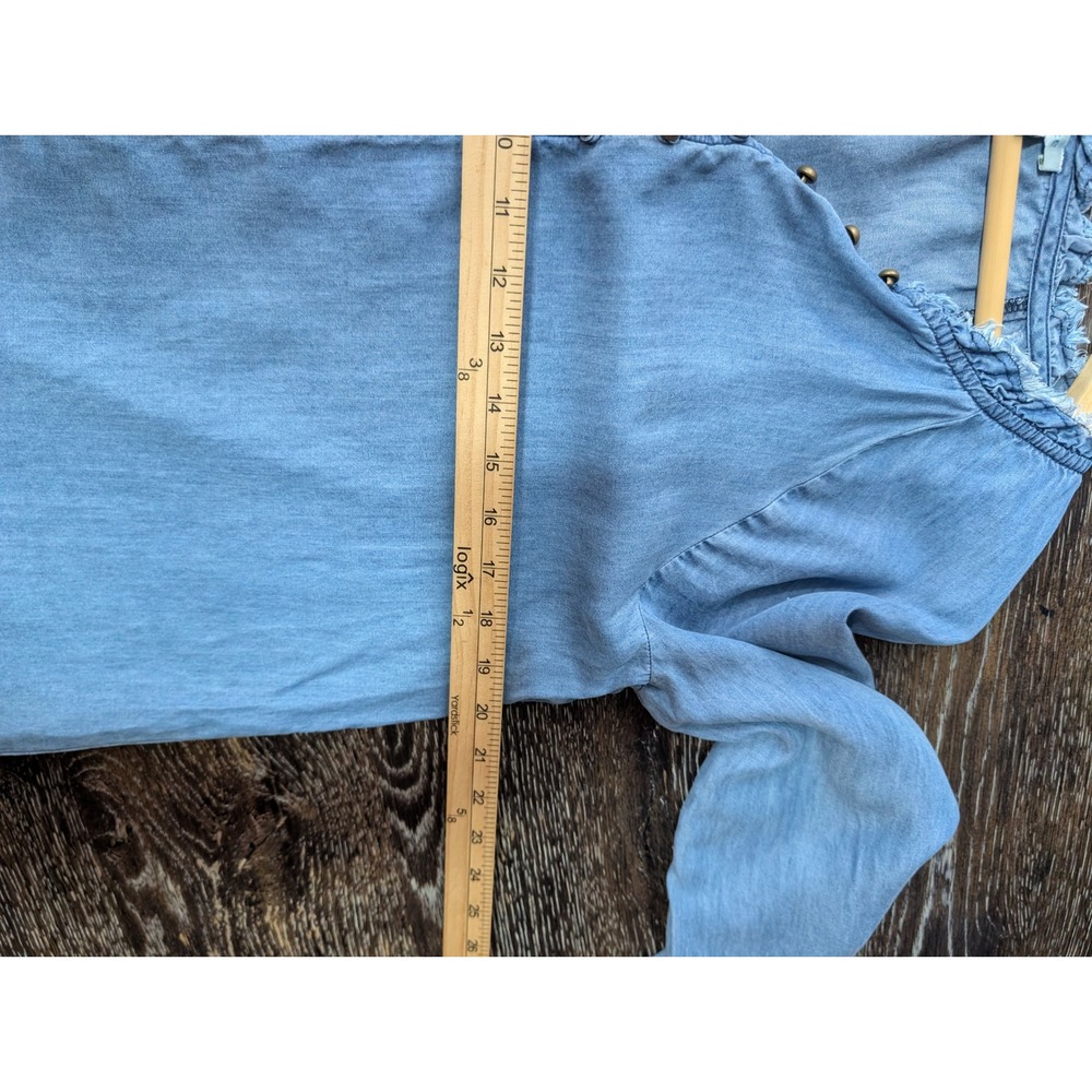 Sundance Womens Blue Tencel Frayed Neck Button Front Raglan Blouse Top Small - Picture 4 of 9